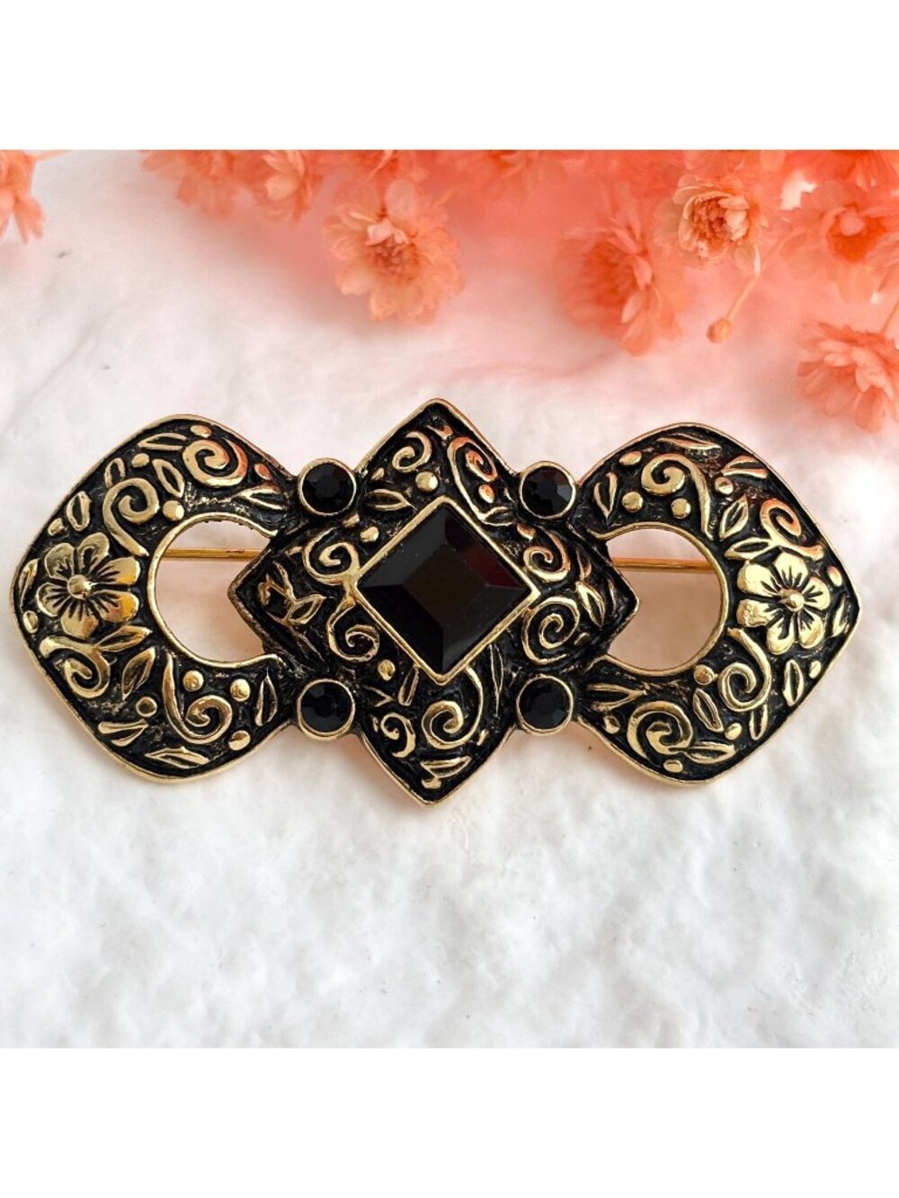 Art Deco Geometric Black Enameled Toned 80's Vintage Costume Jewelry Brooch